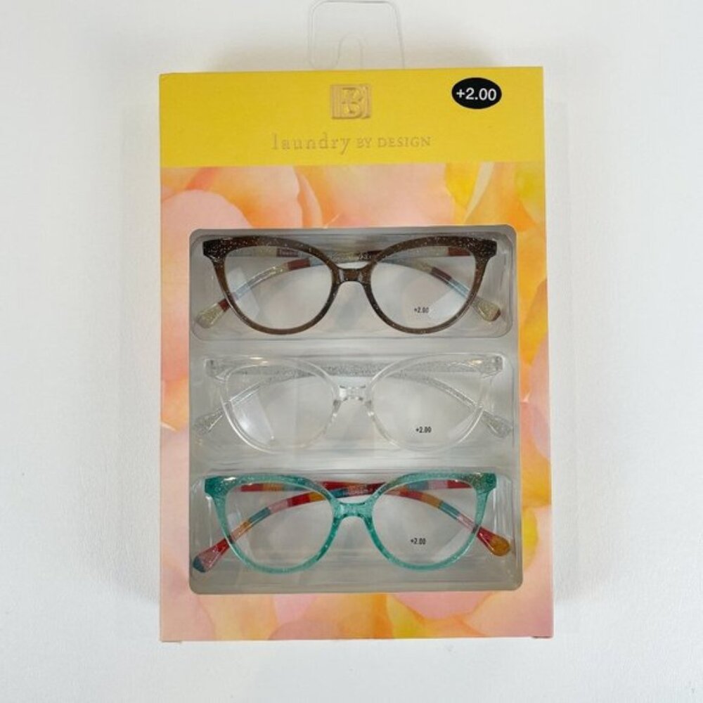 Laundry by Design +2.00 Reading Glasses Glitter Aqua Clear Brown Striped